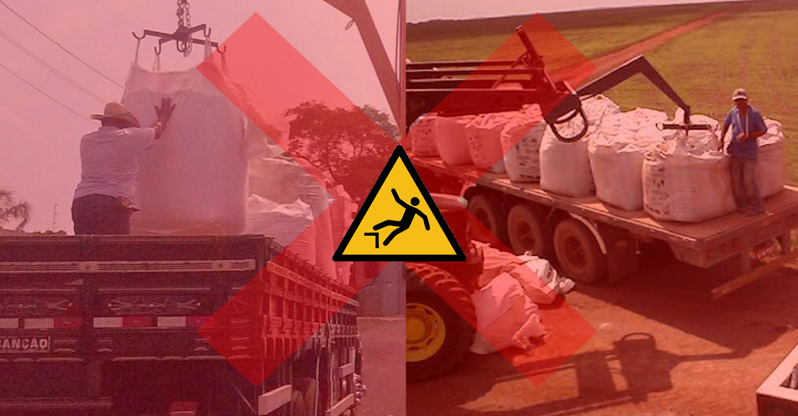 Imagem mostrando operadores sobre caminhões em carregamento de big bag com risco de queda e esmagamento.